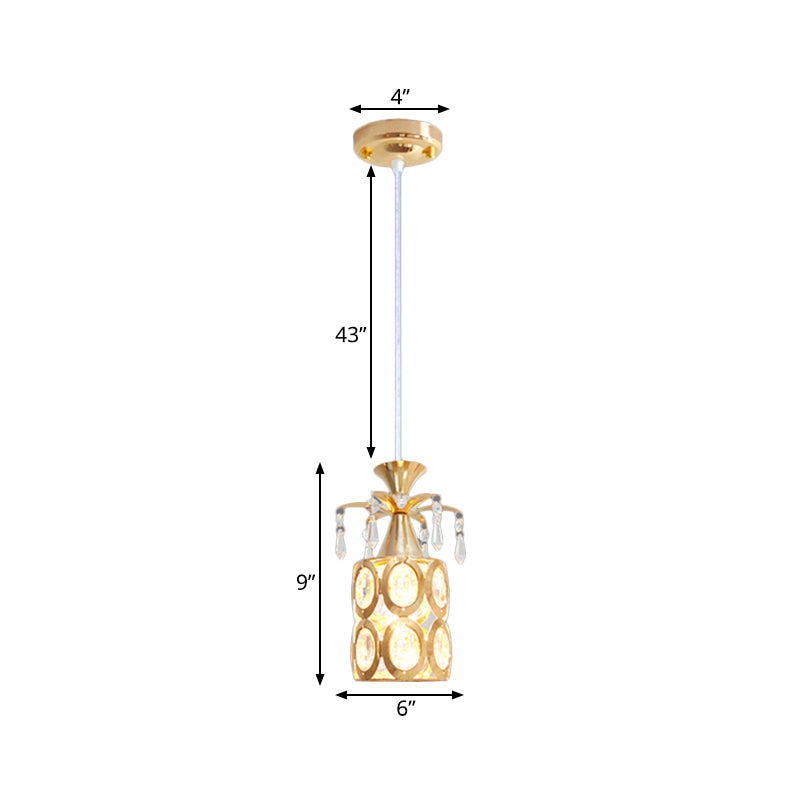 Gold Cylindrical Suspension Light Modernism 1-Light Crystal Embedded Hanging Pendant