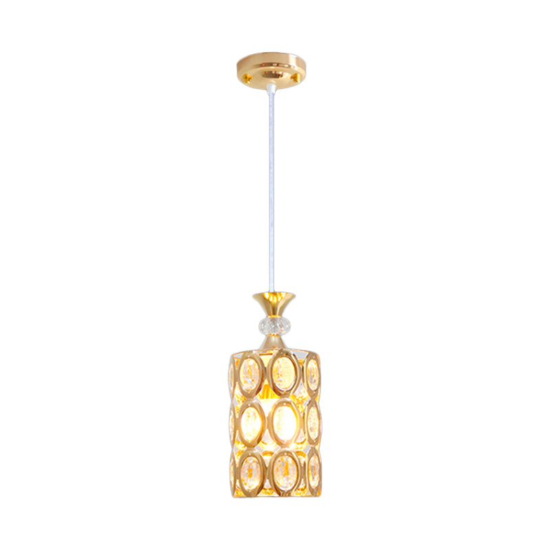 Beveled Crystal Encrusted Cylinder Pendant Modernism 1-Bulb Gold Finish Suspension Light