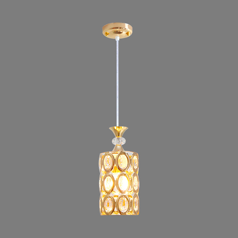 Beveled Crystal Encrusted Cylinder Pendant Modernism 1-Bulb Gold Finish Suspension Light