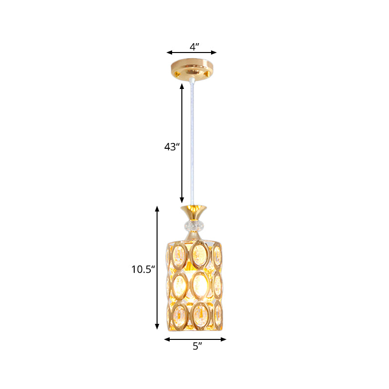 Beveled Crystal Encrusted Cylinder Pendant Modernism 1-Bulb Gold Finish Suspension Light