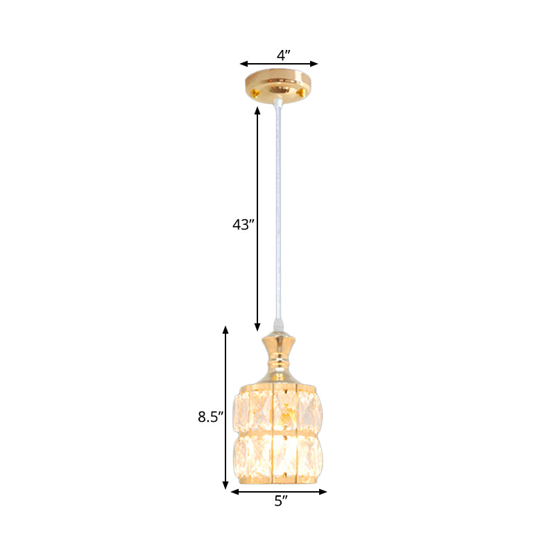 Modern Cylinder Hanging Lamp Kit Crystal Block 1 Head Dining Room Pendulum Light in Gold