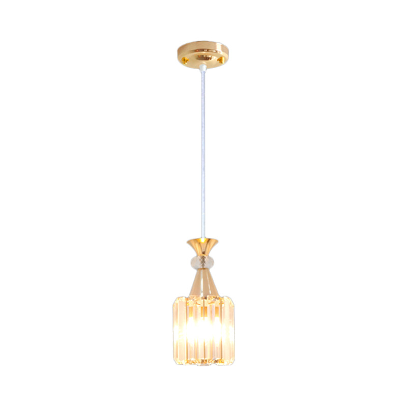 Crystal Prisms Cylinder Ceiling Light Fixture Simple Single Suspension Pendant in Gold