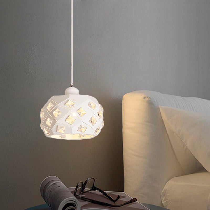 Einmaliger Esszimmer -Pendel leichte minimale weiße Finish -Kristall -Hanglampe mit Trommeleisenschatten