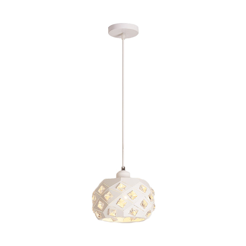 Einmaliger Esszimmer -Pendel leichte minimale weiße Finish -Kristall -Hanglampe mit Trommeleisenschatten