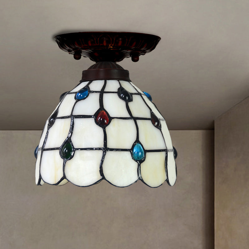 Bell / Globe Flush Fixture de la lumière Tiffany White Grille en verre Cbeille à Beige Single Beige Mount Ceiling Light with Jewels