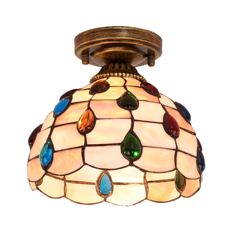 Plafonnier Shell Bowl fait à la main Tiffany à ampoule unique bleu/bleu clair/beige encastré avec cabochons en forme de pierres précieuses