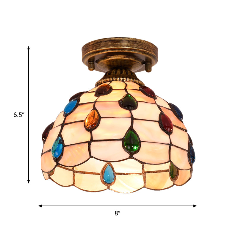 Plafonnier Shell Bowl fait à la main Tiffany à ampoule unique bleu/bleu clair/beige encastré avec cabochons en forme de pierres précieuses