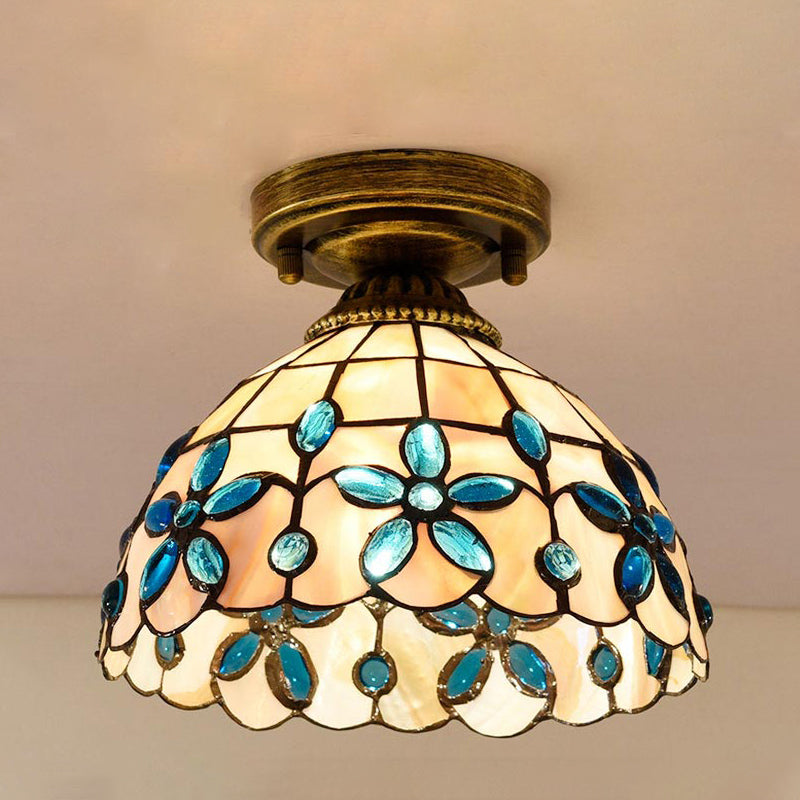 Plafonnier Shell Bowl fait à la main Tiffany à ampoule unique bleu/bleu clair/beige encastré avec cabochons en forme de pierres précieuses