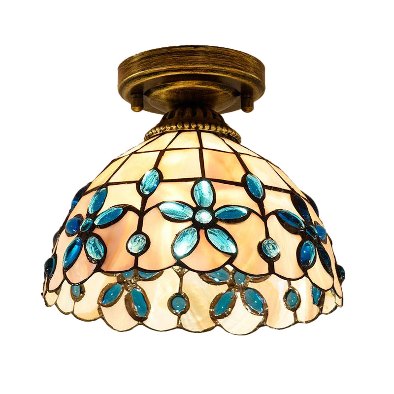Plafonnier Shell Bowl fait à la main Tiffany à ampoule unique bleu/bleu clair/beige encastré avec cabochons en forme de pierres précieuses