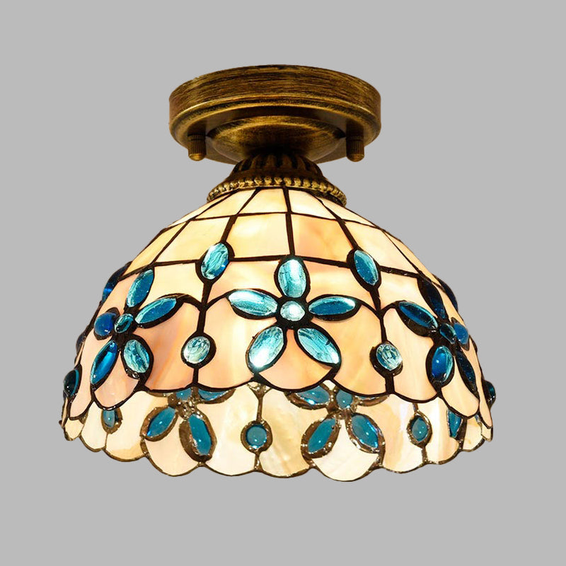 Plafonnier Shell Bowl fait à la main Tiffany à ampoule unique bleu/bleu clair/beige encastré avec cabochons en forme de pierres précieuses
