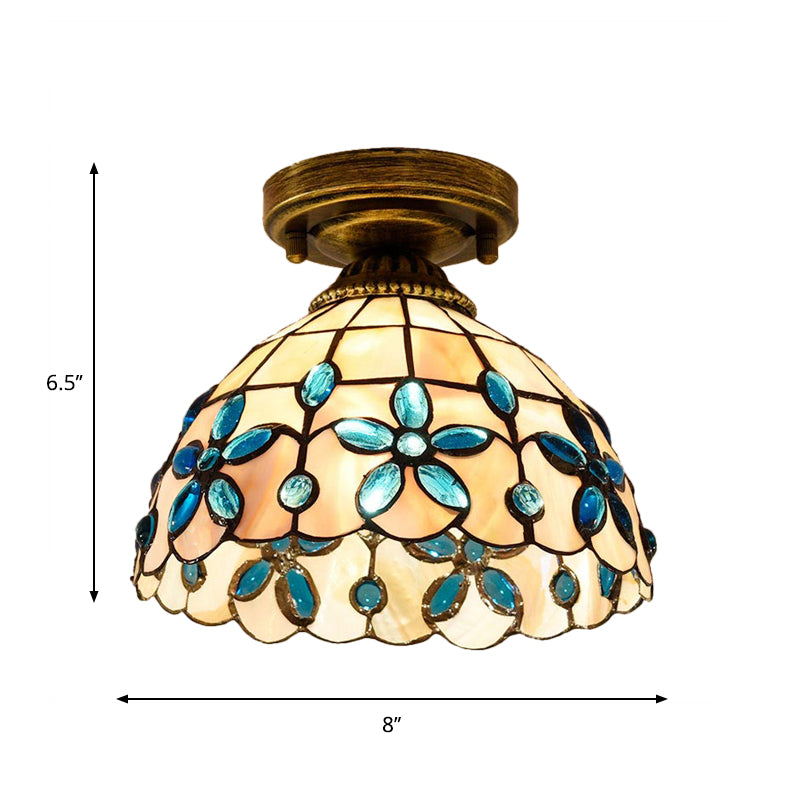 Plafonnier Shell Bowl fait à la main Tiffany à ampoule unique bleu/bleu clair/beige encastré avec cabochons en forme de pierres précieuses