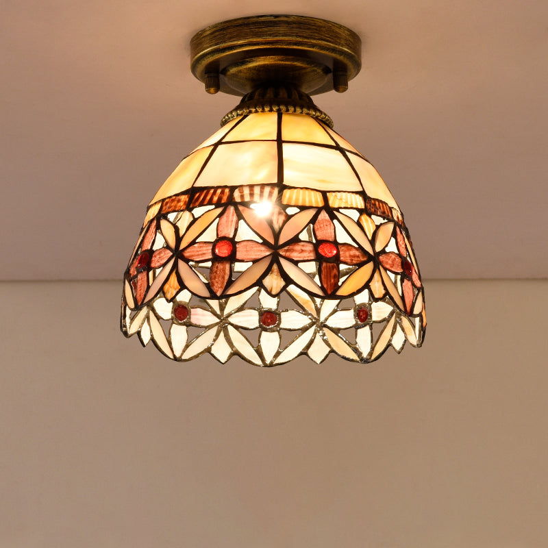 Tiffany Floral Bell Flush Mount 1-Light Shell Ceiling Light Fixture in Beige/Red-White/Pink for Living Room