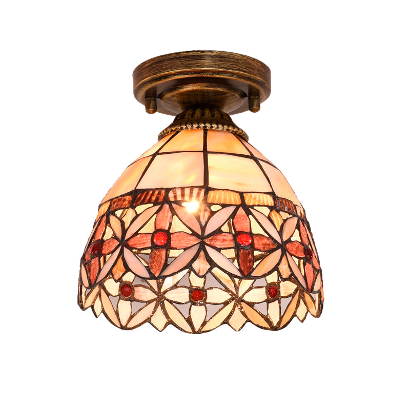 Tiffany Floral Bell Unterputz-Deckenleuchte mit 1 Lampe und Muschelschale in Beige/Rot-Weiß/Pink für Wohnzimmer