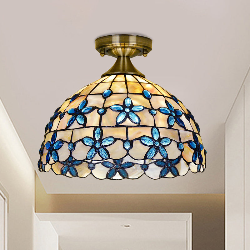 Dôme en laiton près du plafonnier Tiffany 5"/8"/12" de large, éclairage encastré à 1 tête avec bijoux floraux bleus