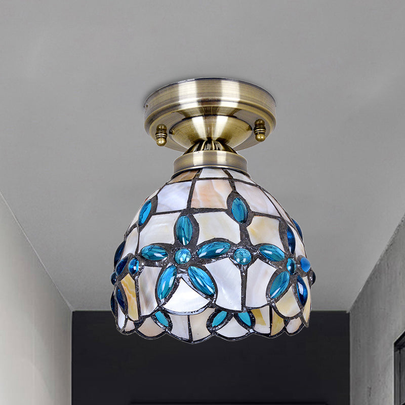 Dôme en laiton près du plafonnier Tiffany 5"/8"/12" de large, éclairage encastré à 1 tête avec bijoux floraux bleus