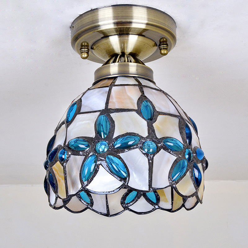 Dôme en laiton près du plafonnier Tiffany 5"/8"/12" de large, éclairage encastré à 1 tête avec bijoux floraux bleus