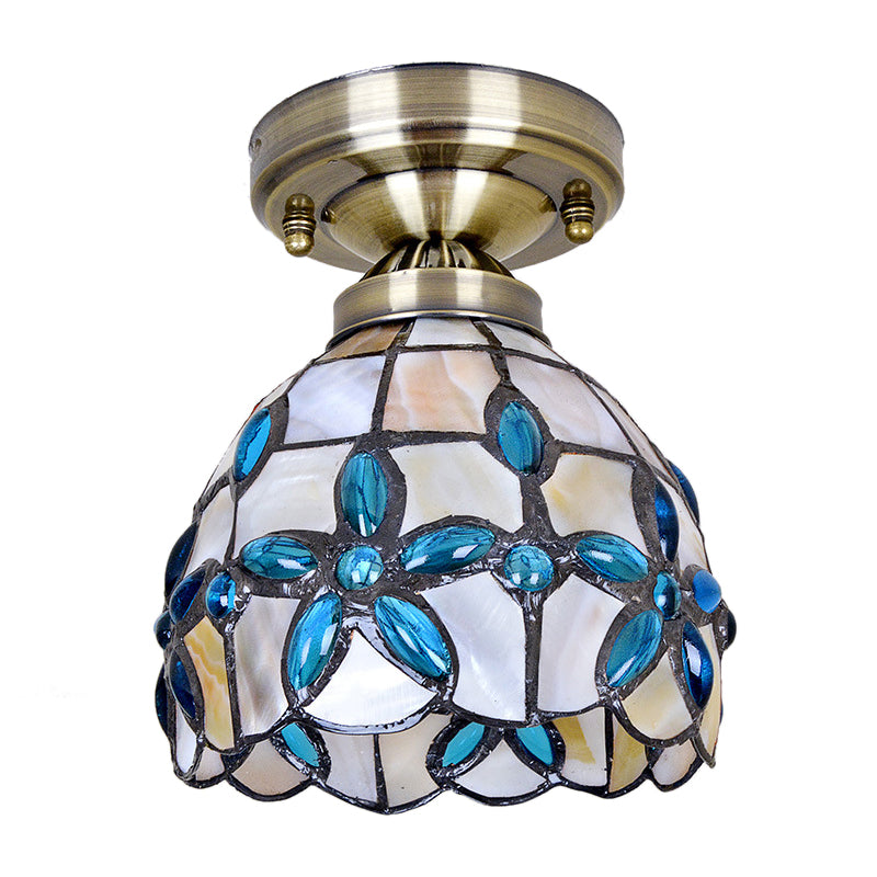 Dôme en laiton près du plafonnier Tiffany 5"/8"/12" de large, éclairage encastré à 1 tête avec bijoux floraux bleus
