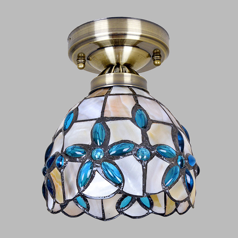 Dôme en laiton près du plafonnier Tiffany 5"/8"/12" de large, éclairage encastré à 1 tête avec bijoux floraux bleus