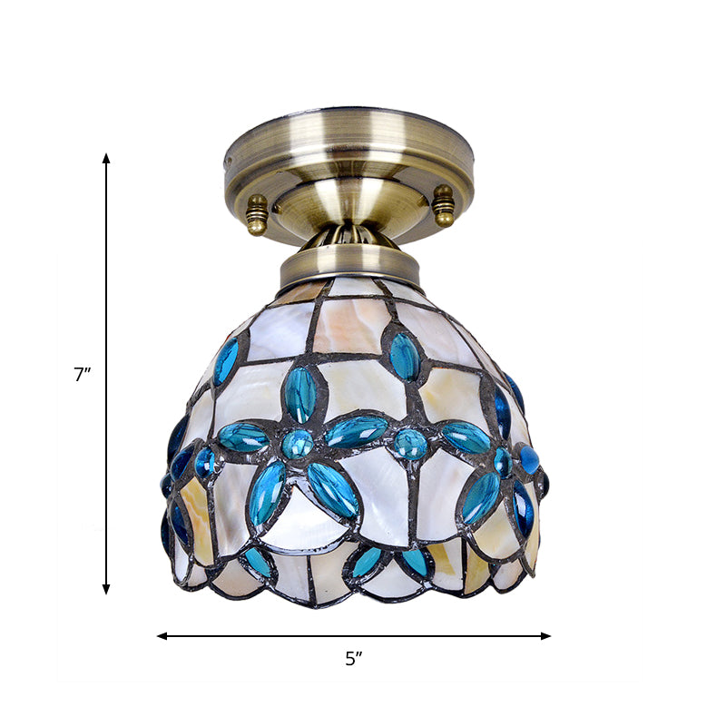 Dôme en laiton près du plafonnier Tiffany 5"/8"/12" de large, éclairage encastré à 1 tête avec bijoux floraux bleus