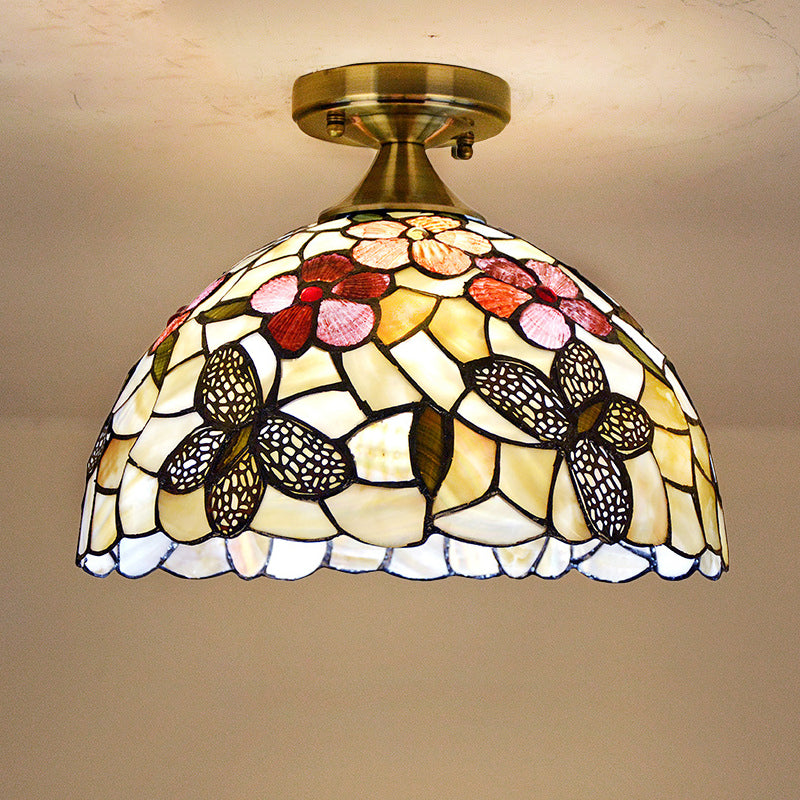 Single Kitchen Ceiling Flush Light Tiffany Brass Flush Mount with Flower-Butterfly Shell Shade