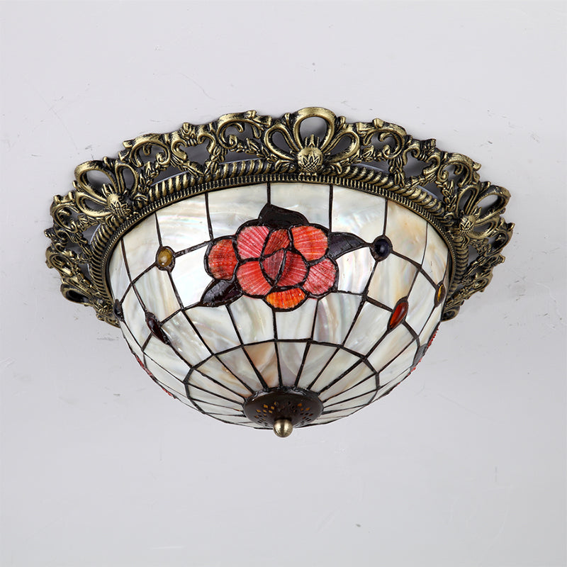 Gridded Hemispherical Ceiling Light 2-Bulb Natural Shell Baroque Flush Mount Lighting in Brass