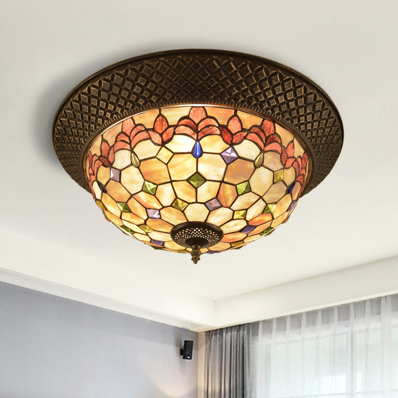 Bronze Cap Shape Flush Light Tiffany LED Shell Flush Mount Ceiling Fixture with Trellis Pattern
