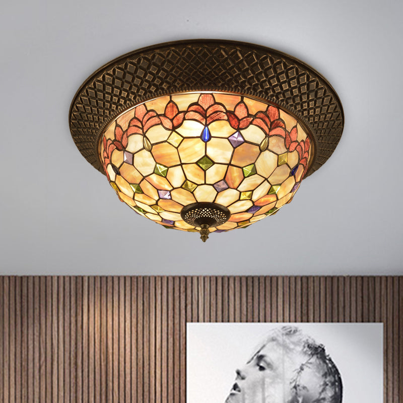 Bronze Cap Shape Flush Light Tiffany LED Shell Flush Mount Ceiling Fixture with Trellis Pattern