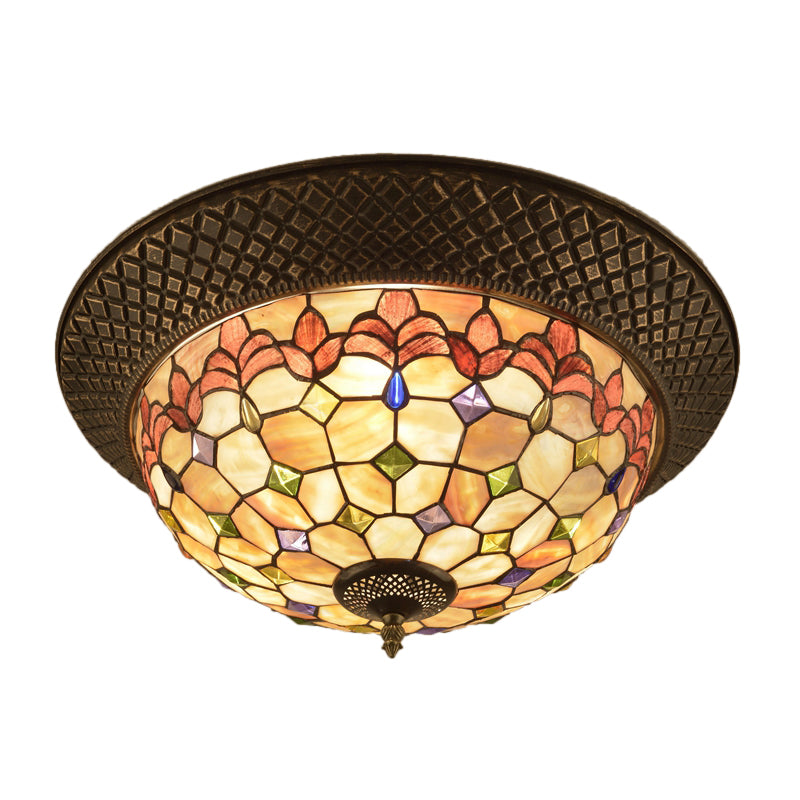 Bronze Cap Shape Flush Light Tiffany LED Shell Flush Mount Ceiling Fixture with Trellis Pattern