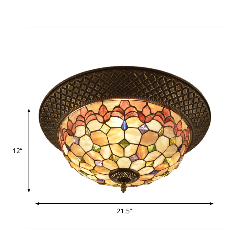 Bronze Cap Shape Flush Light Tiffany LED Shell Flush Mount Ceiling Fixture with Trellis Pattern