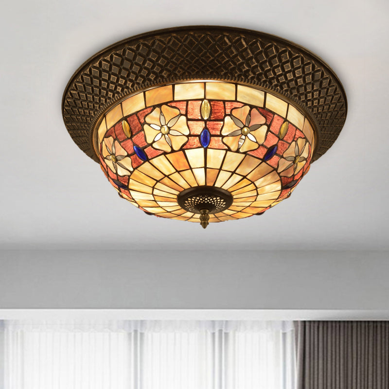 Bronze Cap Shape Flush Light Tiffany LED Shell Flush Mount Ceiling Fixture with Trellis Pattern
