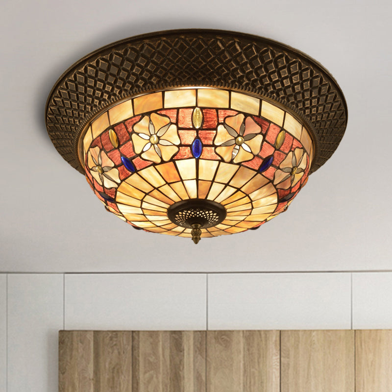 Bronze Cap Shape Flush Light Tiffany LED Shell Flush Mount Ceiling Fixture with Trellis Pattern