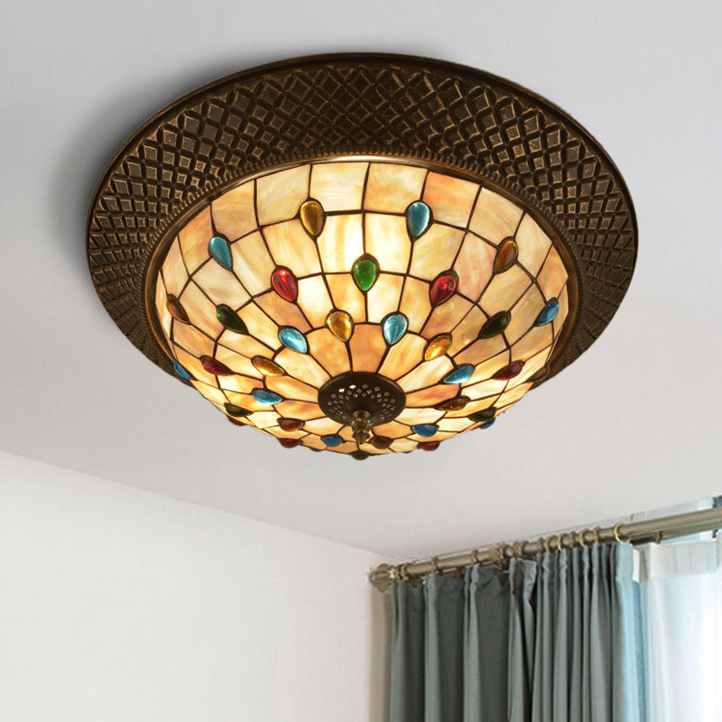 Bronze Cap Shape Flush Light Tiffany LED Shell Flush Mount Ceiling Fixture with Trellis Pattern