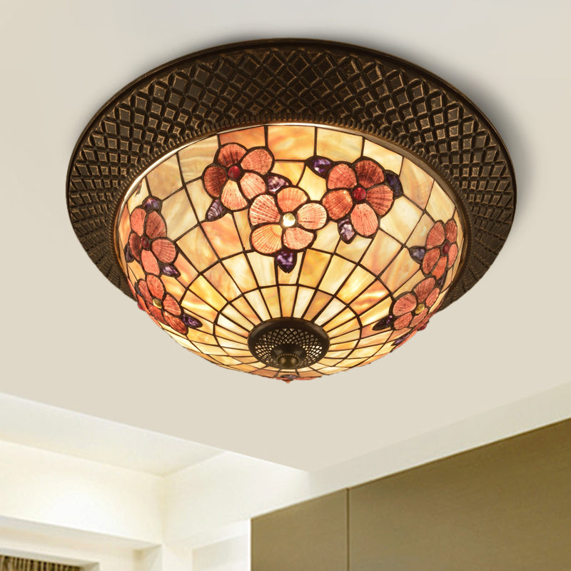 Bronze Cap Shape Flush Light Tiffany LED Shell Flush Mount Ceiling Fixture with Trellis Pattern