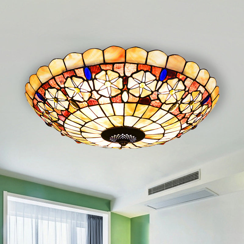 12"/21" Dia 3/4-Light Flush Mount Lamp Tiffany Bowl Shell Ceiling Fixture with Blossom Pattern in Beige