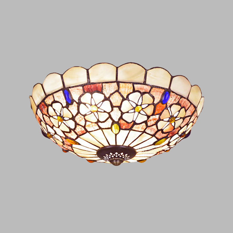12"/21" Dia 3/4-Light Flush Mount Lamp Tiffany Bowl Shell Ceiling Fixture with Blossom Pattern in Beige