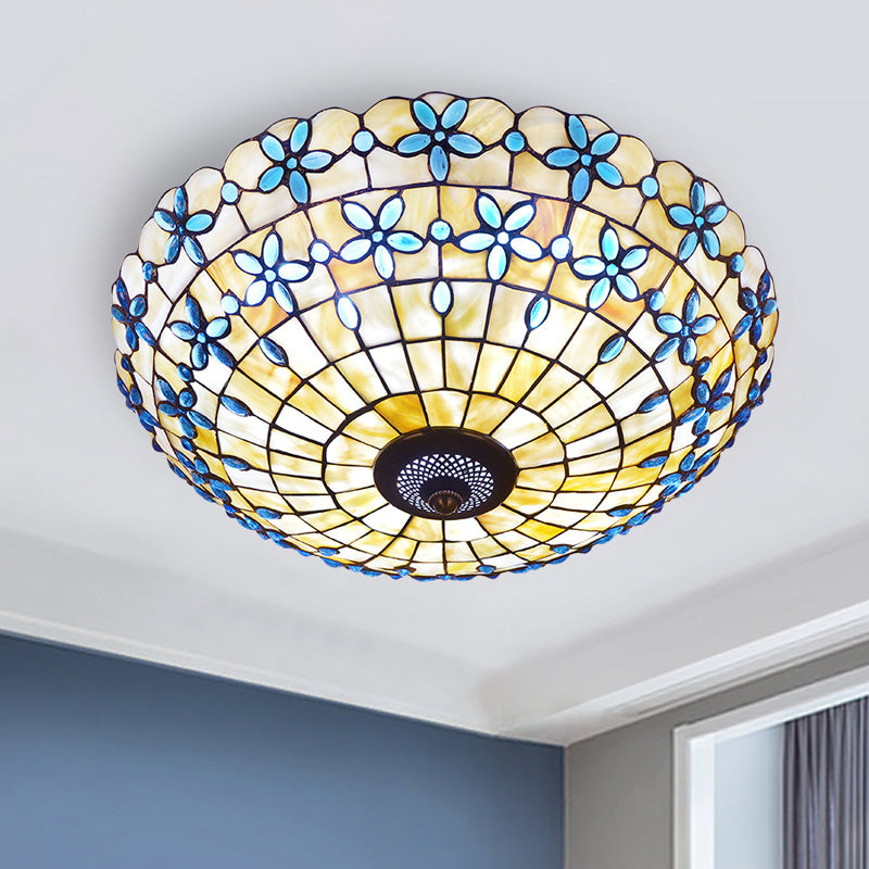 Mediterranean Bowl-Shape Flush Light 3/4 Heads Shell Ceiling Mounted Lamp in Blue, 16"/21" Width