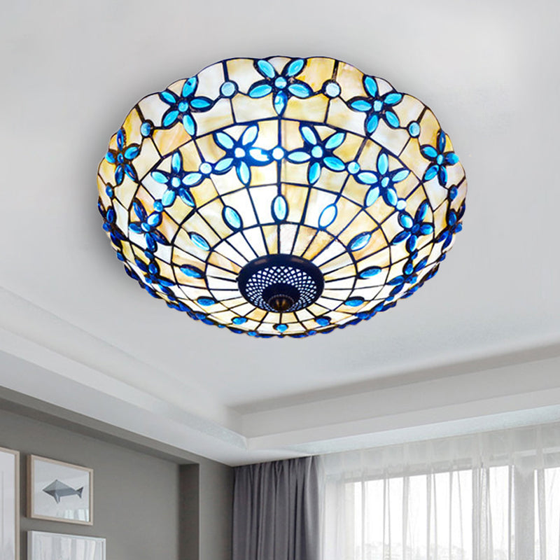 Mediterranean Bowl-Shape Flush Light 3/4 Heads Shell Ceiling Mounted Lamp in Blue, 16"/21" Width