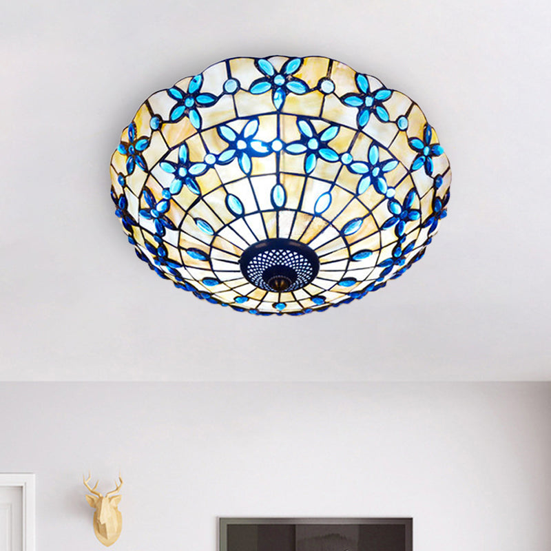 Mediterranean Bowl-Shape Flush Light 3/4 Heads Shell Ceiling Mounted Lamp in Blue, 16"/21" Width