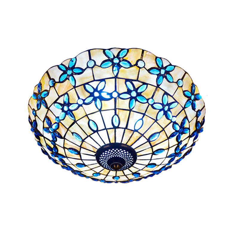 Mediterranean Bowl-Shape Flush Light 3/4 Heads Shell Ceiling Mounted Lamp in Blue, 16"/21" Width