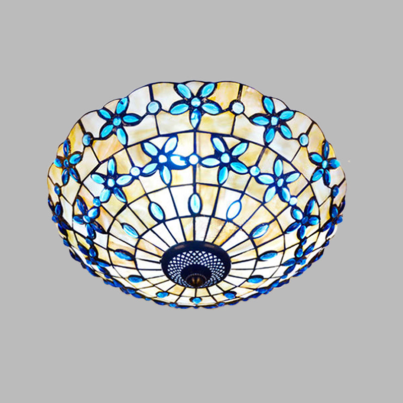 Mediterranean Bowl-Shape Flush Light 3/4 Heads Shell Ceiling Mounted Lamp in Blue, 16"/21" Width
