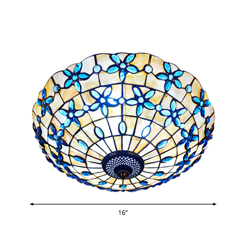 Mediterranean Bowl-Shape Flush Light 3/4 Heads Shell Ceiling Mounted Lamp in Blue, 16"/21" Width