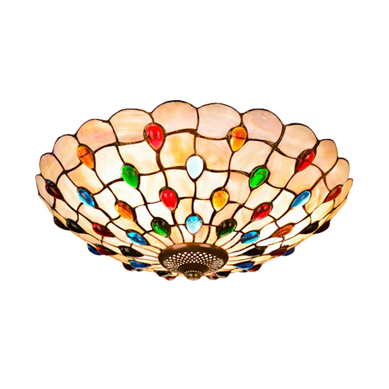 3/4-Light Cabochons-Embellished Flushmount Tiffany Beige Shell Flush Mount Ceiling Light for Living Room, 16"/21" Wide