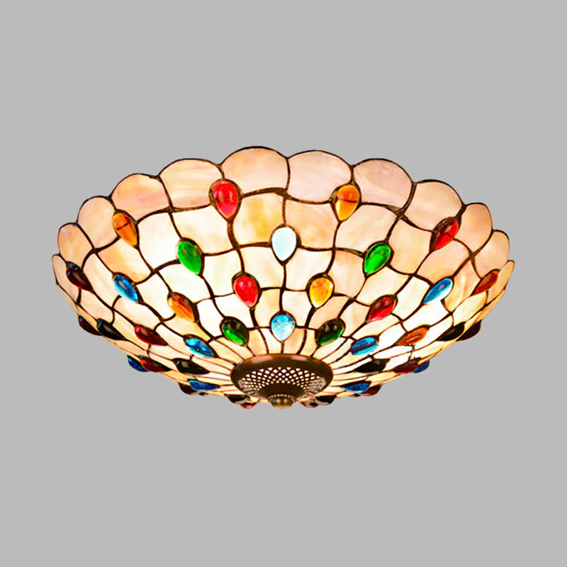 3/4-Light Cabochons-Embellished Flushmount Tiffany Beige Shell Flush Mount Ceiling Light for Living Room, 16"/21" Wide