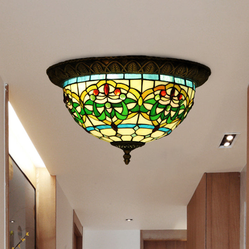 2-Bulb Corridor Flush Light Tiffany Bronze Ceiling Mount Lamp with Ribbon Stained Glass Shade