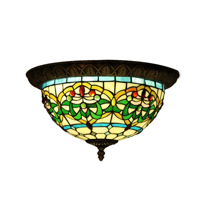 2-Bulb Corridor Flush Light Tiffany Bronze Ceiling Mount Lamp with Ribbon Stained Glass Shade