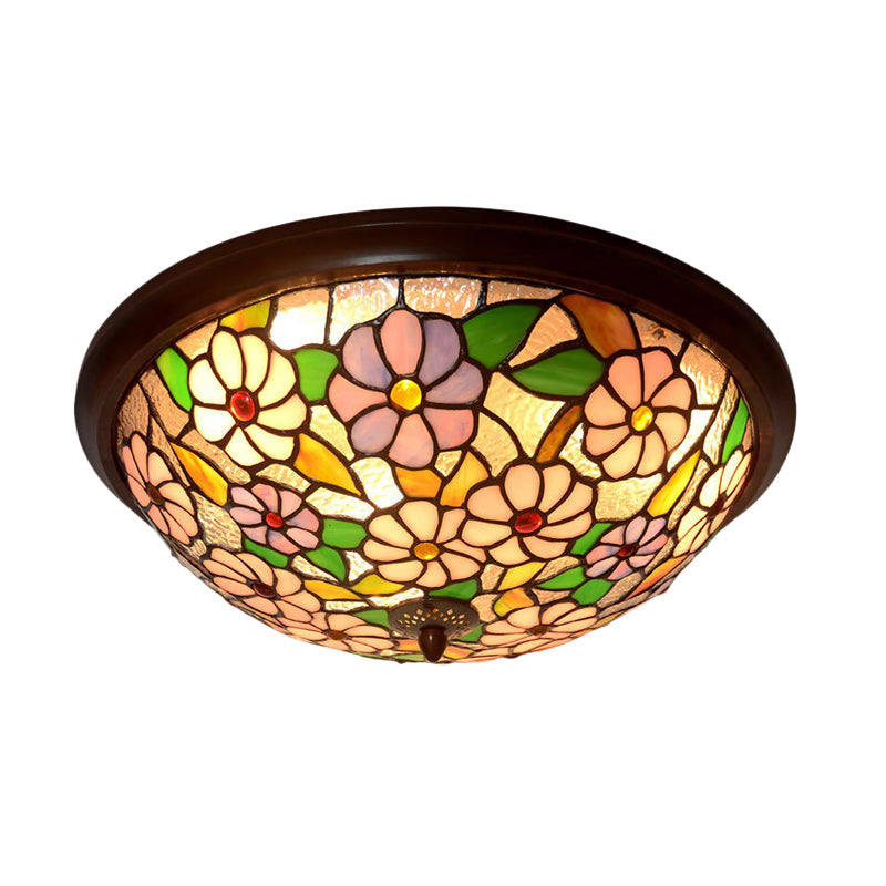 Blooming Stained Glass Ceiling Light Victorian Style Coffee LED Flush-Mount Light Fixture