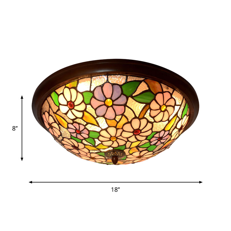Blooming Stained Glass Ceiling Light Victorian Style Coffee LED Flush-Mount Light Fixture