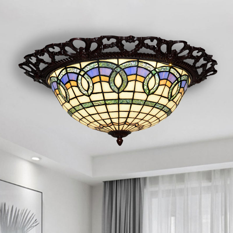 Grid Bowl Shaped LED Ceiling Lamp Baroque Bronze Stained Glass Flush Mount Lighting