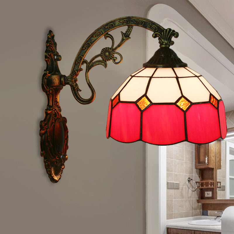 Grid Glass Scalloped Wall Light Tiffany Style 1 Head Orange/Blue/Pink Wall Mounted Lighting Fixture