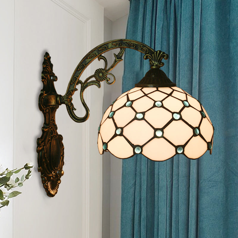Bead Net Wall Light Fixture Single Bulb Blue/Gold Hand-Crafted Glass Baroque Wall Mount Lamp
